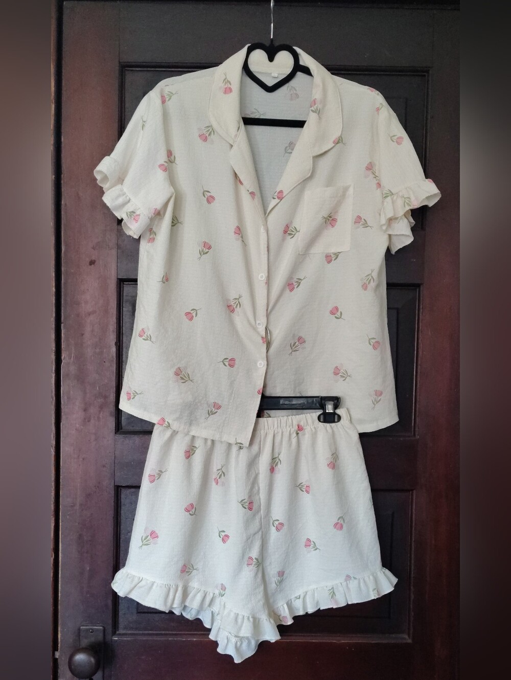 Floral Ruffle Short Pajama Set - Cream with Pink Accents
